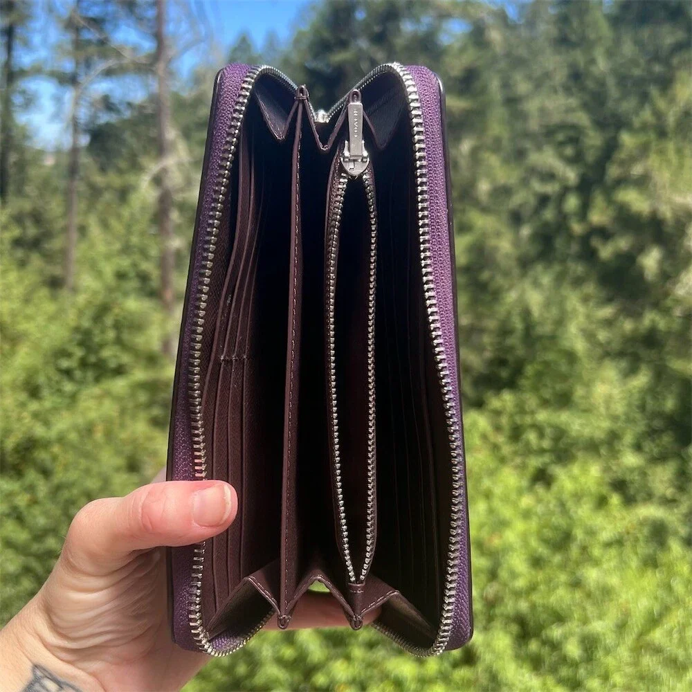 COACH Long Zip-Around PURPLE Crossgrain Leather Wallet Silver Hardware AUTHENTIC